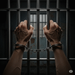 Ilustrasi tangan di borgol dalam tahanan, gambar ini dibuat dengan AI